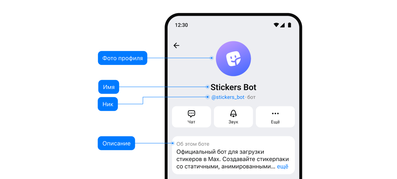 Карточка бота в MAX: фото профиля, имя, ник, описание (из официальной документации dev.max.ru)