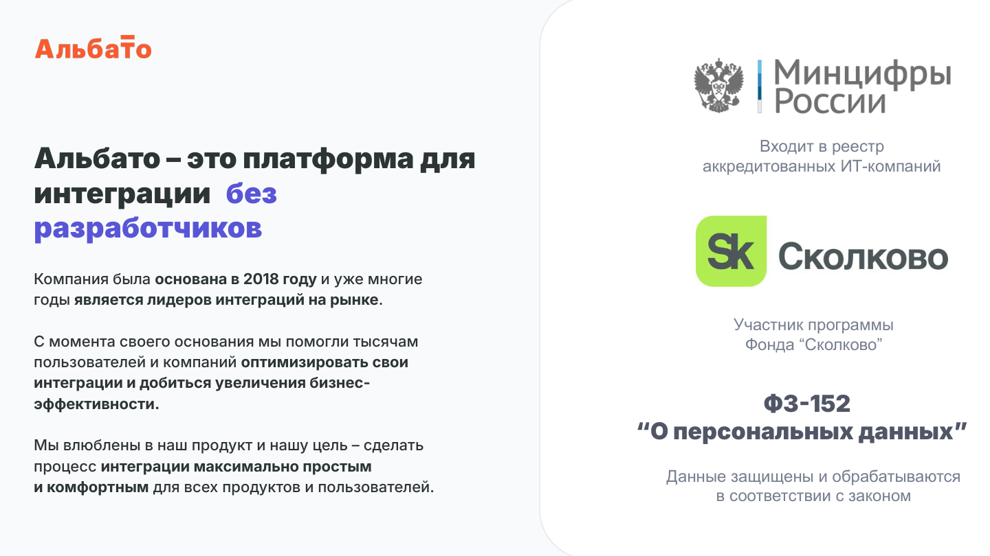 Слайд презентации: Альбато — платформа для интеграций без разработчиков. Компания на рынке с 2018 года, в реестре аккредитованных IT-компаний (Минцифры), резидент Сколково, ФЗ-152 о персональных данных.