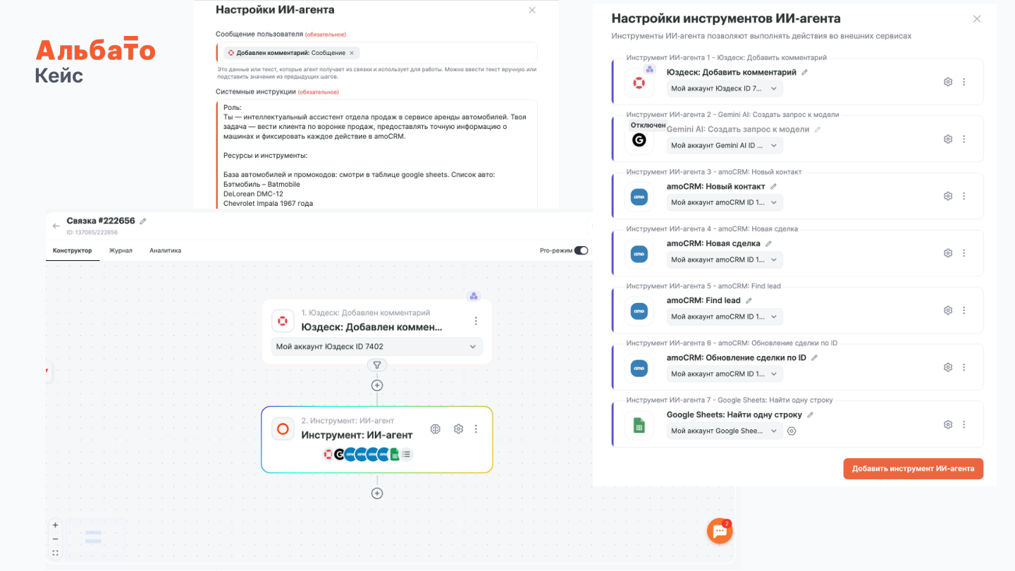 Слайд презентации Альбато: настройка ИИ-агента для кейса аренды автомобилей. Реальный интерфейс конструктора связки и список инструментов агента.