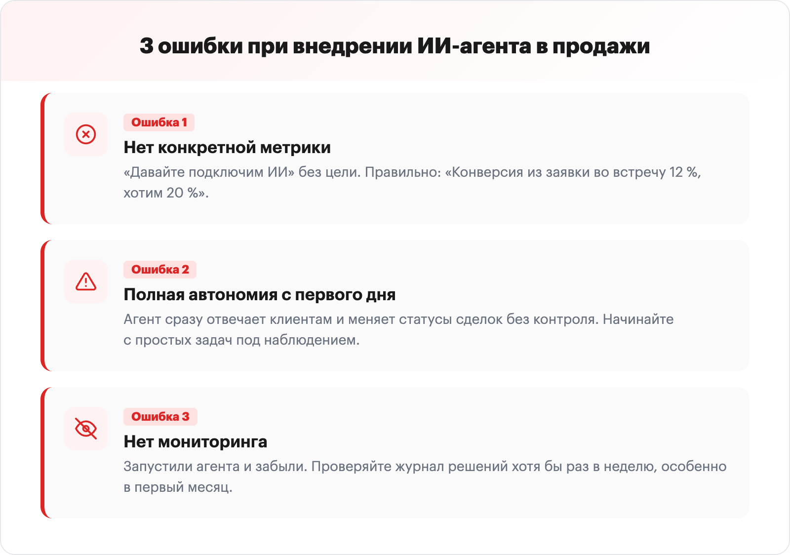 Инфографика: 3 ошибки при внедрении ИИ-агента в продажи