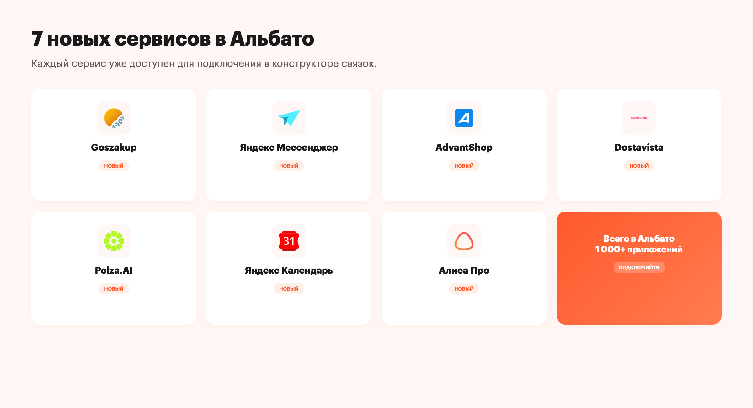 7 новых сервисов в Альбато: Goszakup, Яндекс Мессенджер, AdvantShop, Dostavista, Polza.AI, Яндекс Календарь, Алиса Про