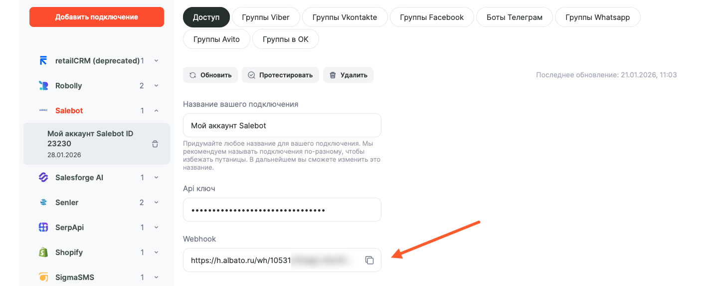 Подключение Salebot в разделе «Подключения»: поля «Название вашего подключения», «Api ключ» и «Webhook» с кнопкой копирования