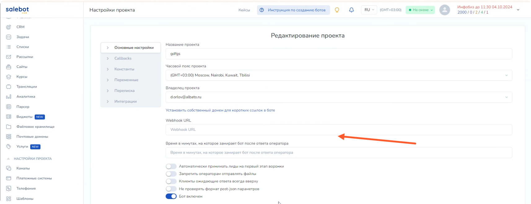 Настройки проекта в Salebot, раздел «Основные настройки»: поле «Webhook URL»